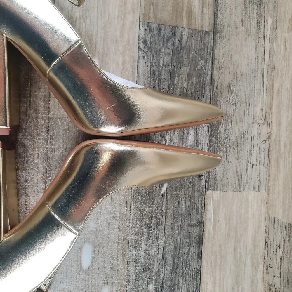 Nine West Plana 3 Womens Pumps Sz 6.5 M Metallic Gold Pointed Toe Ankle Strap